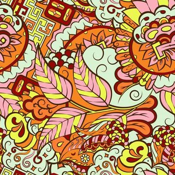 Tracery seamless pattern. Mehndi design. 7 colors. Ethnic doodle texture. Cur Stock Illustration