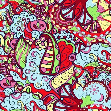 Tracery seamless pattern. Mehndi design. 7 colors. Ethnic doodle texture. Cur Stock Illustration