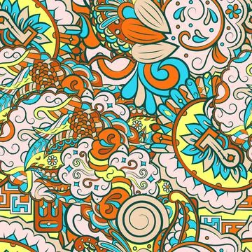 Tracery seamless pattern. Mehndi design. 7 colors. Ethnic doodle texture. Cur Stock Illustration