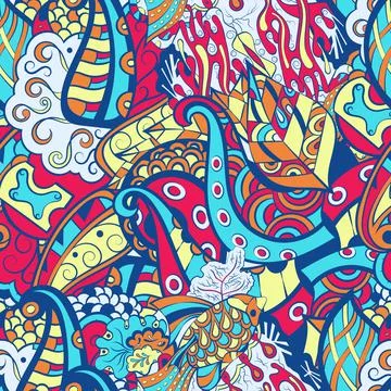Tracery seamless pattern. Mehndi design. 6 colors. Ethnic doodle texture. Cur Stock Illustration