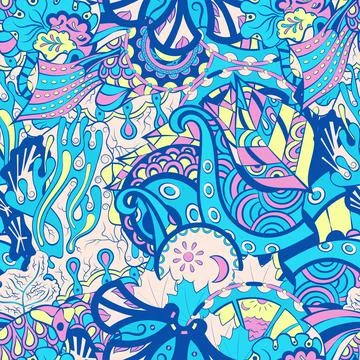 Tracery seamless pattern. Mehndi design. 6 colors. Ethnic doodle texture. Cur 스톡 일러스트