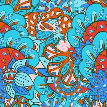 Tracery seamless pattern. Mehndi design. 7 colors. Ethnic doodle texture. Cur Stock Illustration