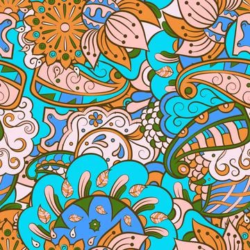 Tracery seamless pattern. Mehndi design. 7 colors. Ethnic doodle texture. Cur 스톡 일러스트