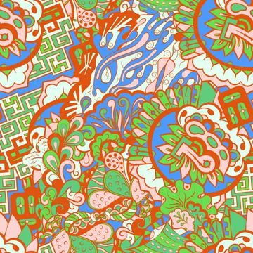 Tracery seamless pattern. Mehndi design. 6 colors. Ethnic doodle texture. Cur 스톡 일러스트