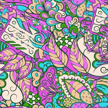 Tracery seamless pattern. Mehndi design. 7 colors. Ethnic doodle texture. Cur 스톡 일러스트