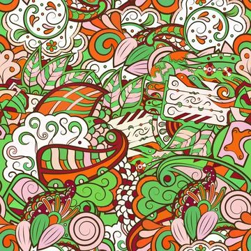 Tracery seamless pattern. Mehndi design. Ethnic doodle texture. Curved doodli 스톡 일러스트