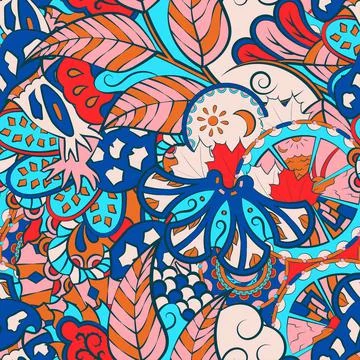 Tracery seamless pattern. Mehndi design. 7 colors. Ethnic doodle texture. Cur Stock Illustration