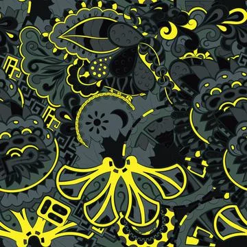 Tracery seamless pattern. Mehndi design. Dark sharp colors. 7 colors. Ethnic  Stock Illustration