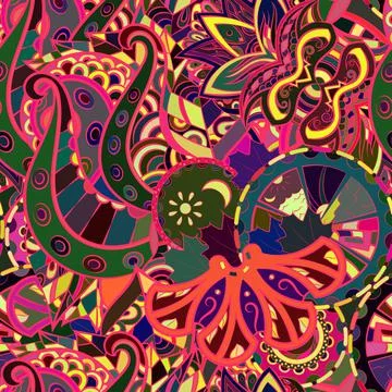 Tracery seamless pattern. Mehndi design. Dark sharp colors. Ethnic doodle tex Illustrazione stock