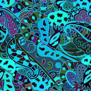 Tracery seamless pattern. Mehndi design. Dark sharp colors. Ethnic doodle tex Stock Illustration