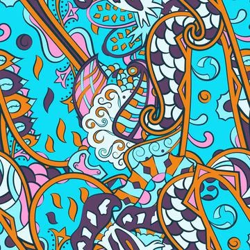 Tracery seamless pattern. Mehndi design. 7 colors. Ethnic doodle texture. Cur Stock Illustration