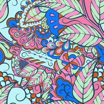 Tracery seamless pattern. Mehndi design. 7 colors. Ethnic doodle texture. Cur Stock Illustration