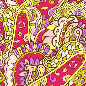 Tracery seamless pattern. Mehndi design. 7 colors. Ethnic doodle texture. Cur Stock Illustration