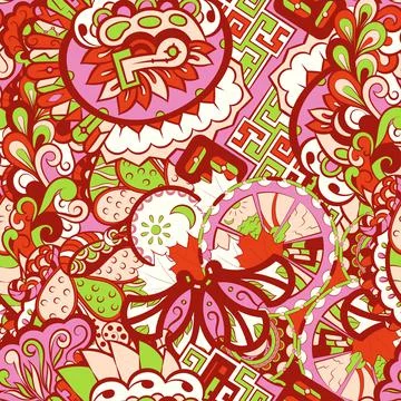 Tracery seamless pattern. Mehndi design. 6 colors. Ethnic doodle texture. Cur 스톡 일러스트