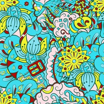 Tracery seamless pattern. Mehndi design. 7 colors. Ethnic doodle texture. Cur Stock Illustration