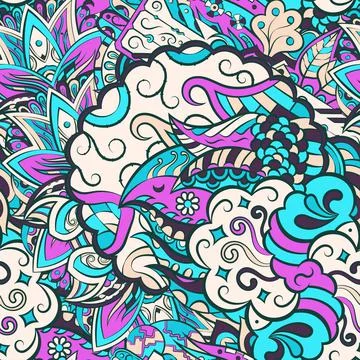 Tracery seamless pattern. Mehndi design. 7 colors. Ethnic doodle texture. Cur Stock Illustration