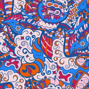 Tracery seamless pattern. Mehndi design. 6 colors. Ethnic doodle texture. Cur 스톡 일러스트