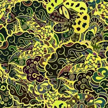 Tracery seamless pattern. Mehndi design. Dark sharp colors. Ethnic doodle tex Stock Illustration