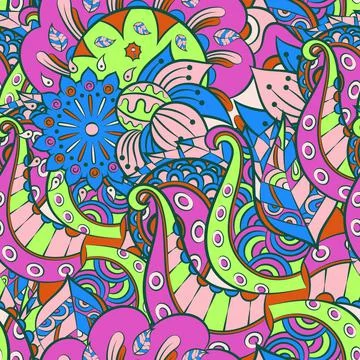 Tracery seamless pattern. Mehndi design. 7 colors. Ethnic doodle texture. Cur 스톡 일러스트