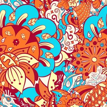 Tracery seamless pattern. Mehndi design. 6 colors. Ethnic doodle texture. Cur 스톡 일러스트