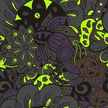 Tracery seamless pattern. Mehndi design. Dark sharp colors. 7 colors. Ethnic  Stock Illustration