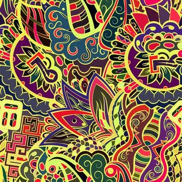 Tracery seamless pattern. Mehndi design. Dark sharp colors. Ethnic doodle tex Stock Illustration