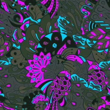 Tracery seamless pattern. Mehndi design. Dark sharp colors. 7 colors. Ethnic  스톡 일러스트