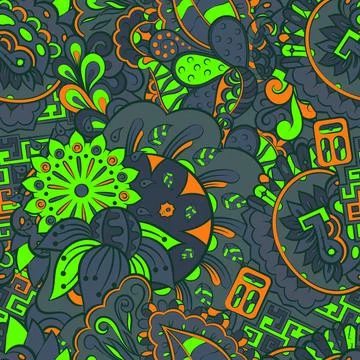 Tracery seamless pattern. Mehndi design. Dark sharp colors. 7 colors. Ethnic  스톡 일러스트