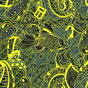 Tracery seamless pattern. Mehndi design. Dark sharp colors. 6 colors. Ethnic  Stock Illustration