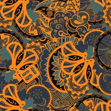 Tracery seamless pattern. Mehndi design. Dark sharp colors. 6 colors. Ethnic  Illustrazione stock