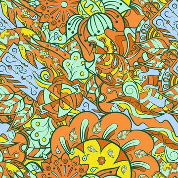 Tracery seamless pattern. Mehndi design. 7 colors. Ethnic doodle texture. Cur Stock Illustration