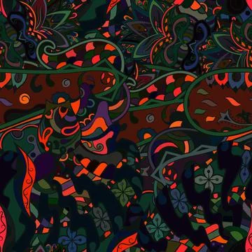 Tracery seamless pattern. Mehndi design. Dark sharp colors. Ethnic doodle tex 스톡 일러스트