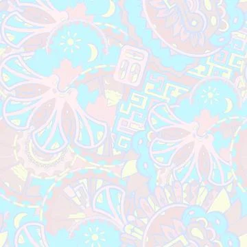 Tracery seamless pattern. Mehndi design. Pastel. 7 colors. Ethnic doodle text Stock Illustration