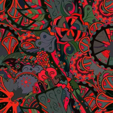 Tracery seamless pattern. Mehndi design. Dark sharp colors. Ethnic doodle tex Stock Illustration