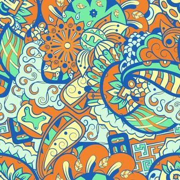 Tracery seamless pattern. Mehndi design. 6 colors. Ethnic doodle texture. Cur Stock Illustration