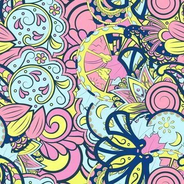 Tracery seamless pattern. Mehndi design. 7 colors. Ethnic doodle texture. Cur Stock Illustration