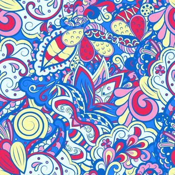 Tracery seamless pattern. Mehndi design. 6 colors. Ethnic doodle texture. Cur 스톡 일러스트