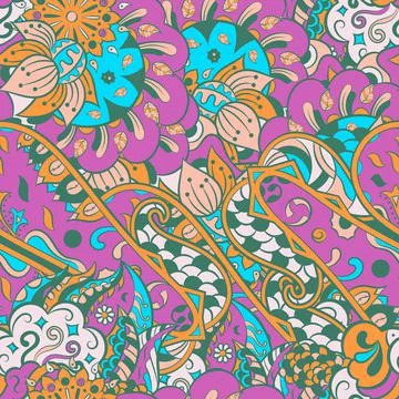 Tracery seamless pattern. Mehndi design. 6 colors. Ethnic doodle texture. Cur 스톡 일러스트