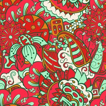 Tracery seamless pattern. Mehndi design. 7 colors. Ethnic doodle texture. Cur 스톡 일러스트