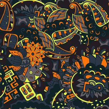 Tracery seamless pattern. Mehndi design. Dark sharp colors. 7 colors. Ethnic  Stock Illustration