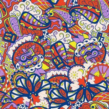 Tracery seamless pattern. Mehndi design. 6 colors. Ethnic doodle texture. Cur 스톡 일러스트
