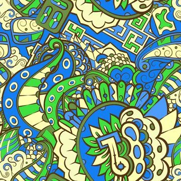 Tracery seamless pattern. Mehndi design. 7 colors. Ethnic doodle texture. Cur Stock Illustration