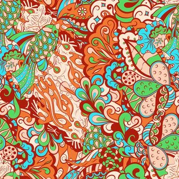 Tracery seamless pattern. Mehndi design. 6 colors. Ethnic doodle texture. Cur Stock Illustration