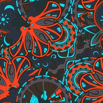 Tracery seamless pattern. Mehndi design. Dark sharp colors. 7 colors. Ethnic  イラスト素材