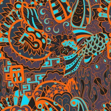 Tracery seamless pattern. Mehndi design. Dark sharp colors. 6 colors. Ethnic  Stock Illustration