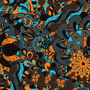 Tracery seamless pattern. Mehndi design. Dark sharp colors. 7 colors. Ethnic  Stock Illustration