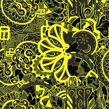 Tracery seamless pattern. Mehndi design. Dark sharp colors. 6 colors. Ethnic  Stock Illustration