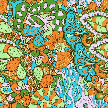 Tracery seamless pattern. Mehndi design. 7 colors. Ethnic doodle texture. Cur Stock Illustration