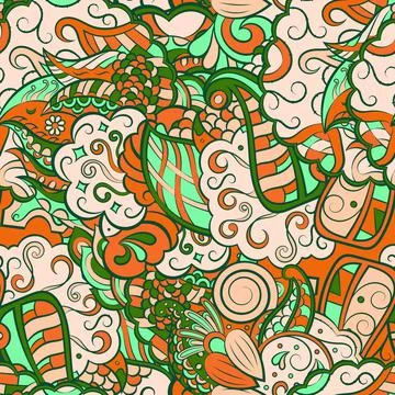Tracery seamless pattern. Mehndi design. 7 colors. Ethnic doodle texture. Cur 스톡 일러스트