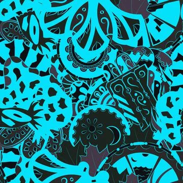 Tracery seamless pattern. Mehndi design. Dark sharp colors. 6 colors. Ethnic  Stock Illustration